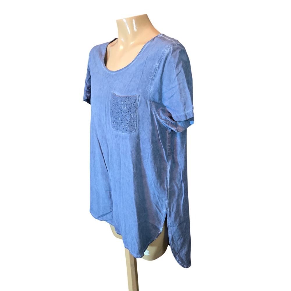 Spense Womens Tunic Top Blue Large Lace‎ Pocket High Low Viscose Short Sleeve